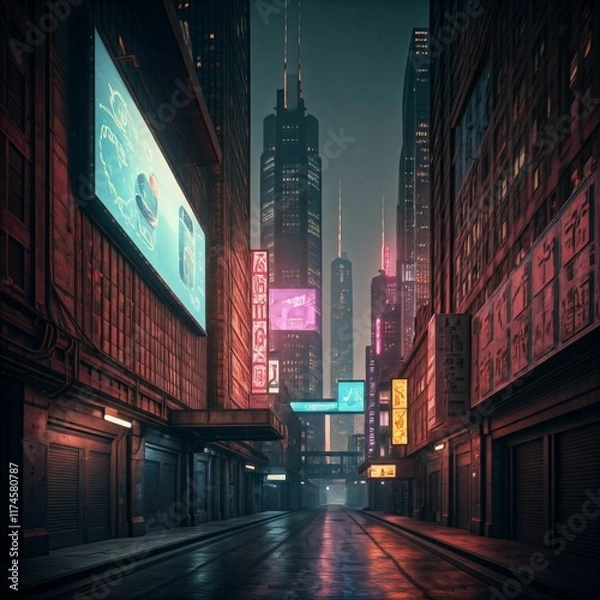 Fototapeta A futuristic cityscape with neon lights, holographic billboards, and dark alleyways, with a cyberpunk aesthetic and metallic textures.