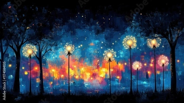 Fototapeta Magical night scene with glowing dandelion-like lights in a forest.