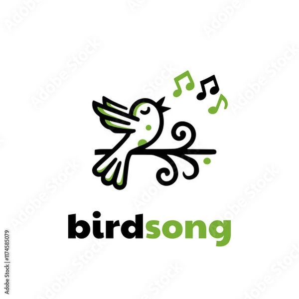 Fototapeta Singing Bird On Tree Branch with Music Notes for Song Vocal or Nature Bird Voice logo design 