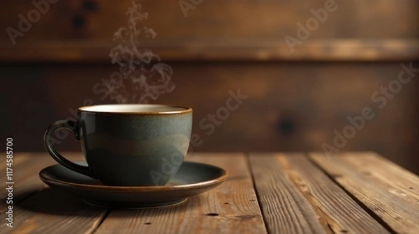 Obraz Aromatic Steam Rising from a Warm Drink in a Rustic Cup on a Wooden Table