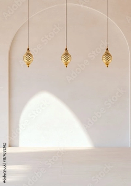 Fototapeta Tranquil Mosque Courtyard with Golden Lanterns for Ramadan, Eid, and Hanukkah Nights