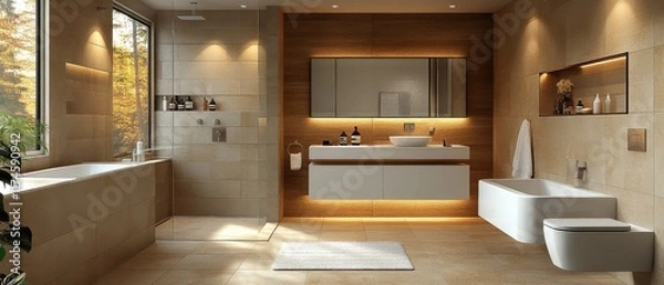Fototapeta [modern bathroom tiles design accessibility] Modern Bathroom Oasis Neutral Tones & Clean Lines - Rectangular Tiles & Walk-in Shower