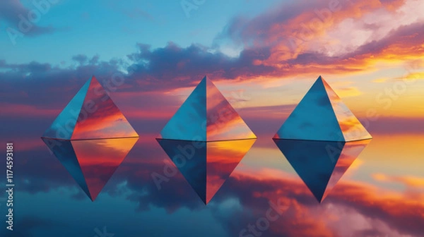 Fototapeta Surreal Mountain Range with Floating Geometric Shapes at Sunset Reflection