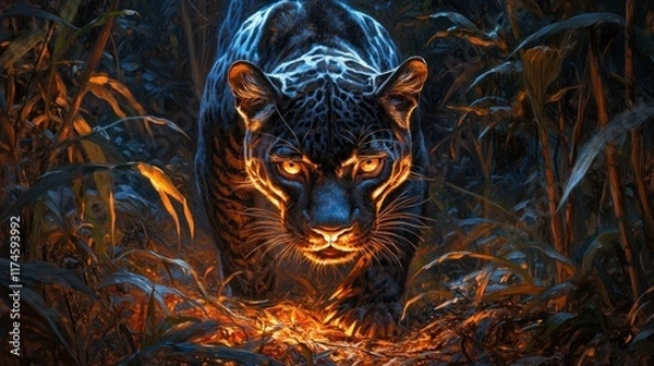 Fototapeta A fierce black panther prowls through a dark, vibrant jungle, illuminated by fiery highlights.