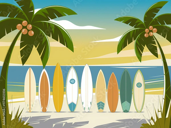 Fototapeta Illustration of Surf Boards On A Tropical Beach. Space for copy. Holiday vibe.