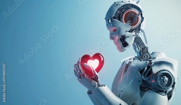 Fototapeta Humanoid robot holding red heart in his hands. Valentine's day concept. 3D Rendering, copy space.