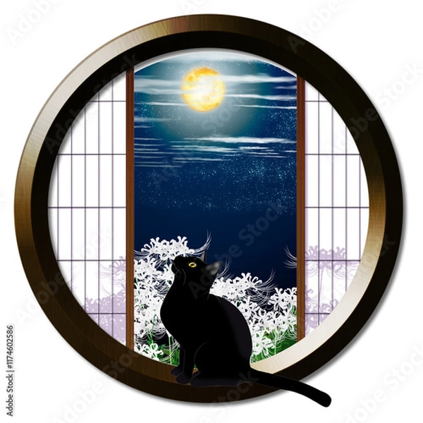 Obraz 丸窓から見える曼珠沙華と月見する猫