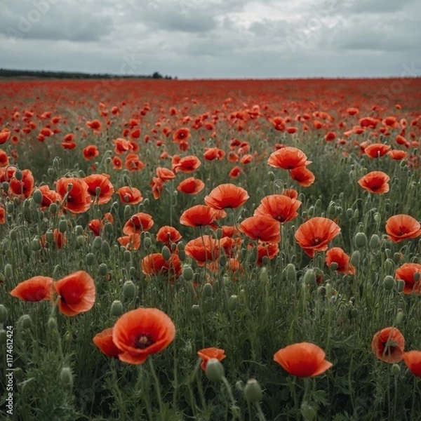 Fototapeta A field of vibrant red poppies stretching to meet the horizon with a white overcast sky.
