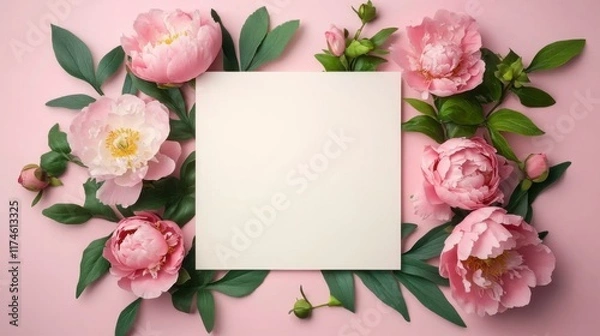 Fototapeta Peonies and green leaves against a blank paper on a pink background, top view of wedding invitation or card template banner design. Mockup for text or product display design