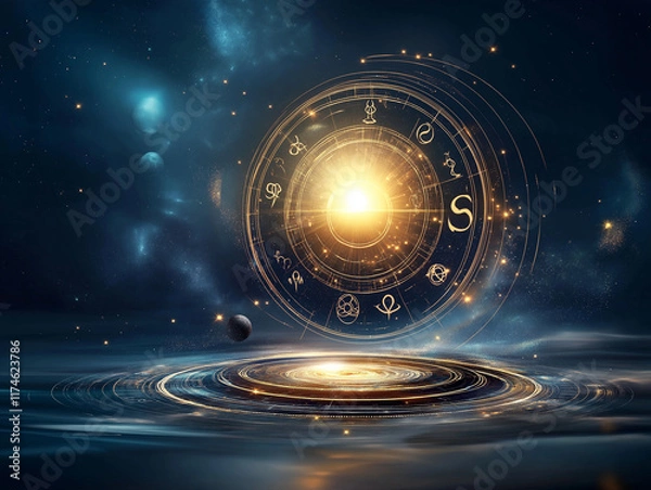 Fototapeta Zodiac signs arranged in the center of a circle, with a glowing moon and stars in the background, creating a magical atmosphere, hyper-realistic celestial landscape with flowers, high-detail rendering