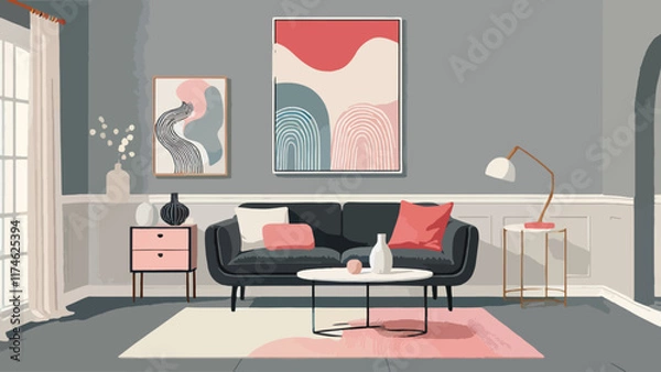 Fototapeta A minimalist living room with pastel accents, featuring a dark gray sofa, blush red throw pillows, a white marble coffee table, and abstract painting in contrast hues hanging on the wall 