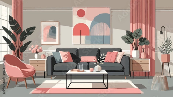 Obraz A minimalist living room with pastel accents, featuring a dark gray sofa, blush red throw pillows, a white marble coffee table, and abstract painting in contrast hues hanging on the wall 