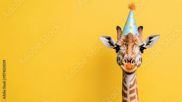 Fototapeta giraffe wearing colorful party hat smiles joyfully against bright yellow background, perfect for celebrations and fun occasions