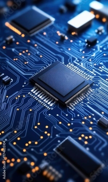 Fototapeta Close-up View of Microchip on Circuit Board with Blue Background and Illuminated Electronic Components