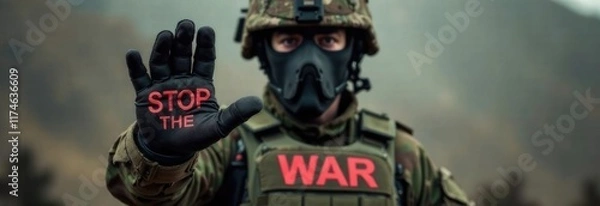 Obraz a military man in equipment, wearing a bulletproof vest, his face is not visible in a mask, raised his hand in front of him, spread his fingers, on the patch in front of him it says STOP THE WAR
