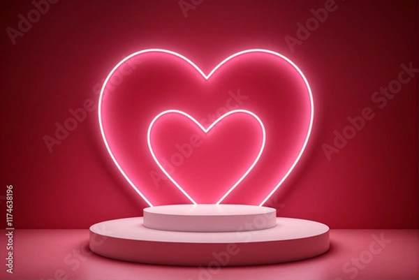 Fototapeta Empty light podium with glow neon on abstract background with heart shaped and copy space. Modern platform for product placement or montage, promotion, mock up. Wedding and Valentine's day concept.