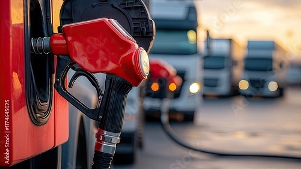 Obraz A fuel pump nozzle is positioned at a gas station, with trucks lined up in the background during a sunset.