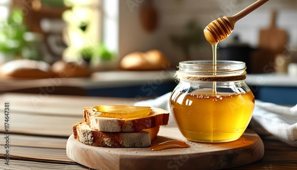 Fototapeta a jar of honey and a piece of bread