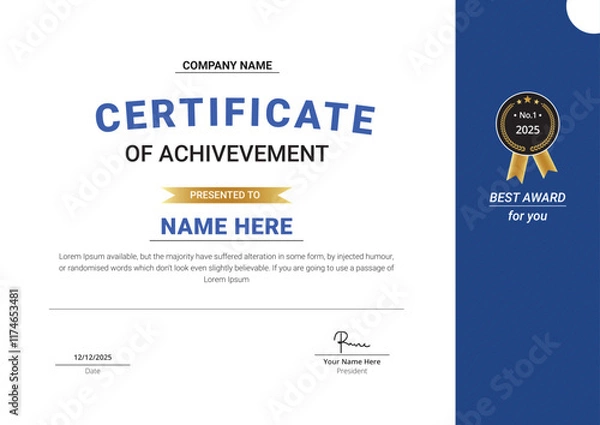 Fototapeta Modern certificate of achievement template. Business, Award, Training achievement certificate or diploma design