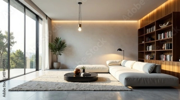 Fototapeta Modern minimalist living room design with expansive window views and built-in shelving
