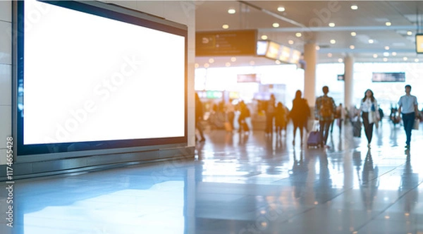 Fototapeta Blurred image of people at the airport with blank billboard for advertisement