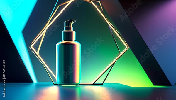 Fototapeta a bottle of liquid on a table with a neon background