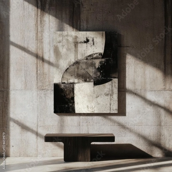 Fototapeta Abstract Art on Concrete Wall with Wooden Bench