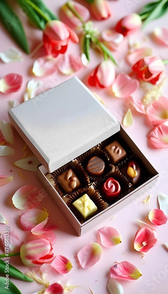 Fototapeta a box of chocolates with pink flowers
