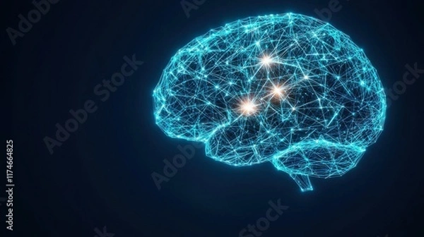Obraz A digital representation of a brain, showcasing interconnected neural networks illuminated by bright points of light, symbolizing intelligence and connectivity.