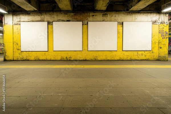 Obraz Empty subway station wall with yellow paint and blank frames