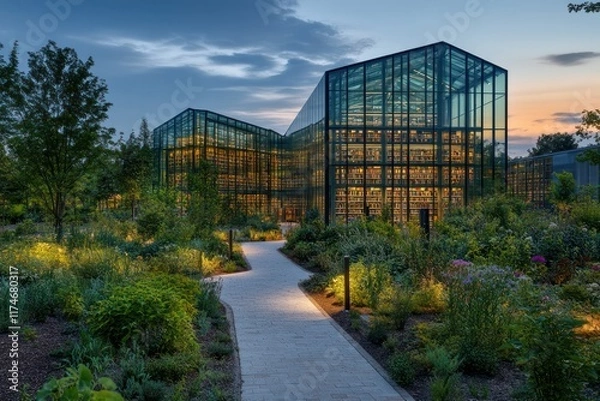 Fototapeta A library featuring bold glass structures, illuminated pathways, and vibrant surrounding greenery
