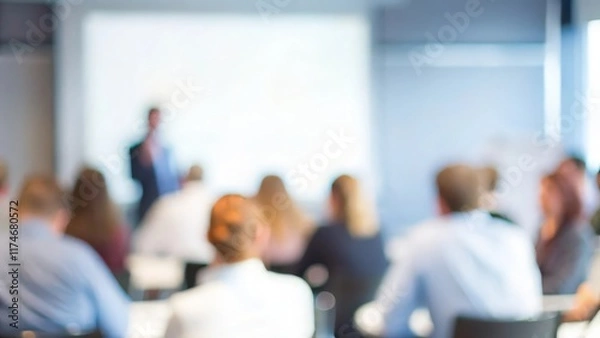 Fototapeta A blurred image of professionals attending a corporate seminar or training session.
