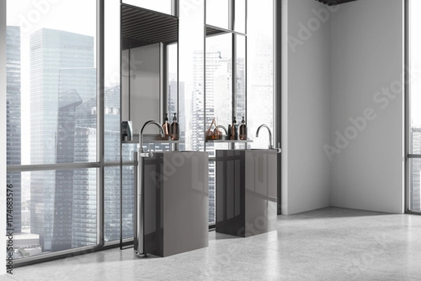 Obraz Modern bathroom interior with dual sinks and cityscape view through large windows. 3D Rendering