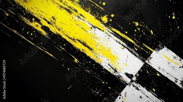 Fototapeta Abstract design with diagonal yellow and white stripes on a black background.