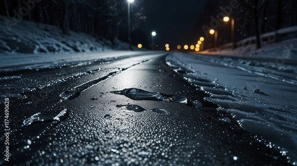 Fototapeta Close-up view of slippery ice road during winter night