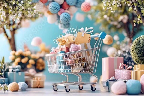 Obraz 3d render shopping cart in pastel, soft colors full of gift boxes and presents, valentine's day, Easter online shopping, e-commerce, festive decorations on background, e-business marketing.