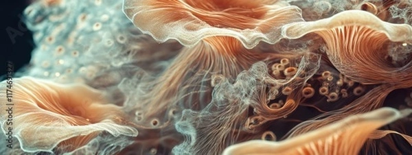 Obraz Realistic abstract details of spores dispersing and mycelium growth patterns illustrating nature's intricate ecosystem