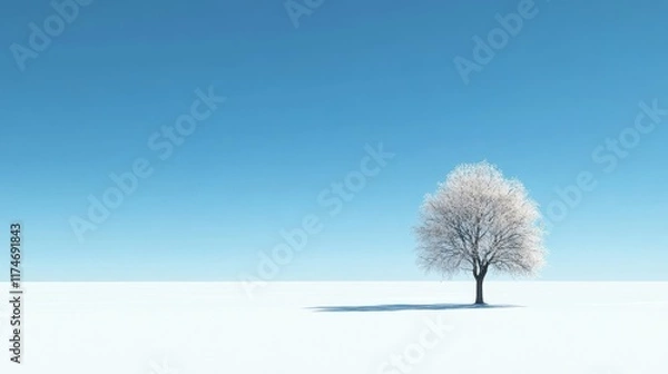 Fototapeta A lone tree stands on a vast, flat snow-covered plain under a clear blue sky, casting a crisp shadow.