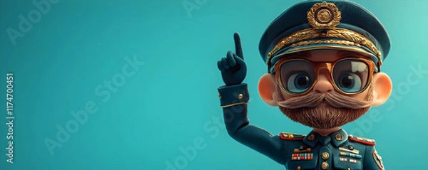 Fototapeta A cartoon character in a military uniform with glasses, raising a finger in a playful and authoritative manner.