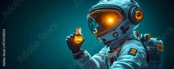 Fototapeta A futuristic astronaut holds a glowing vial in a space-like environment, suggesting exploration and scientific discovery.