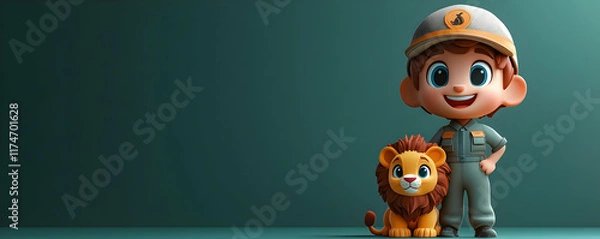Fototapeta A cheerful cartoon boy in a uniform stands next to a friendly lion, promoting a playful and educational theme.