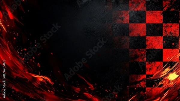 Fototapeta Abstract racing background with checkered flag and flames.