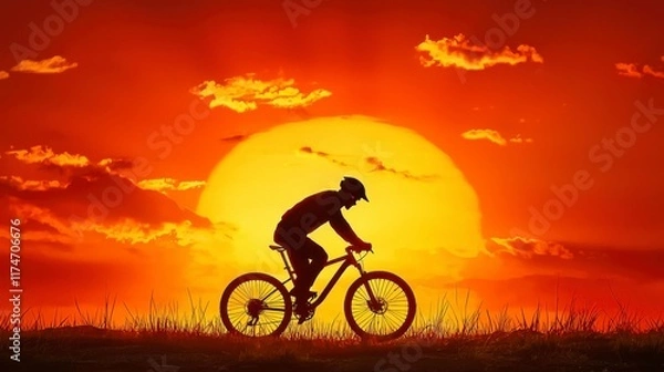 Obraz Silhouette of Cyclist Riding Bicycle Against Vibrant Sunset Background