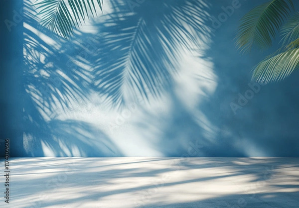 Fototapeta Minimalist Tropical Scene with Palm Leaf Shadows on a Blue Wall and Pastel Floor, Perfect for Summer-Themed Product Display
