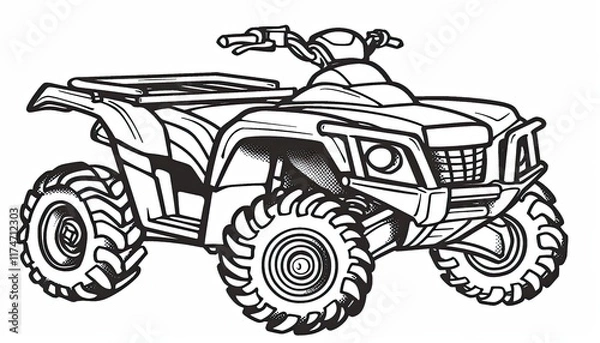 Fototapeta A monochrome ATV illustration perfect for coloring books or off-road vehicle designs. Its detailed outline captures the rugged essence of this all-terrain vehicle.