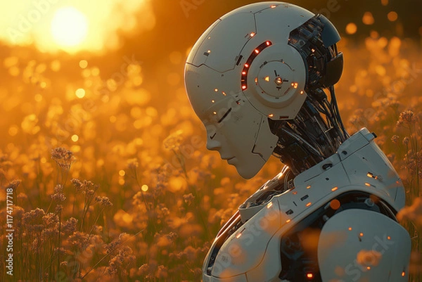 Fototapeta Technological Transcendence: A Serene Robot Finds Peace Amidst Nature’s Embrace, Meditating in a Golden Hour Field.