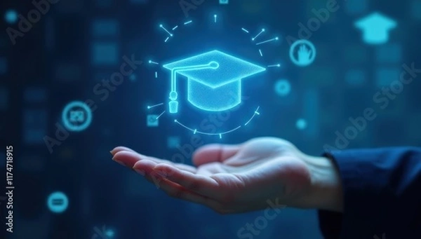 Fototapeta Online education, graduation cap, digital learning, future, technology background, website banner.