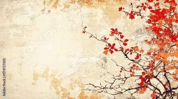 Fototapeta Vintage-style, textured background with a branch of red autumn leaves against a light beige backdrop.