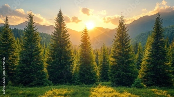 Fototapeta A serene forest landscape at sunset, highlighting tall pine trees and distant mountains.