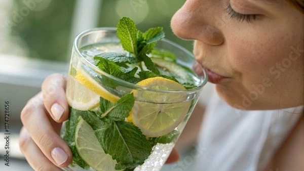Fototapeta A close-up of a person holding a glass of water with fresh mint and lemon slices